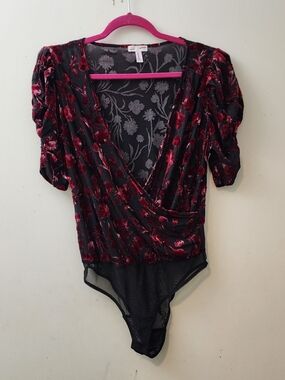 LEITH S Velvet Burnout Wrap Bodysuit  Red/Black  Whimsigoth Witchy Dark Fairy...
